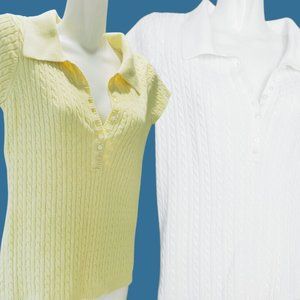 525 America Cable Knit Polo Sweater Shirt Size Small (White and Yellow)